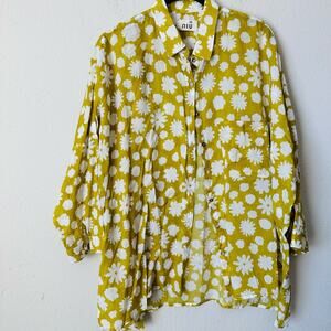 NIU Chartreuse Green Button Down Floral Top Sz M B-LB